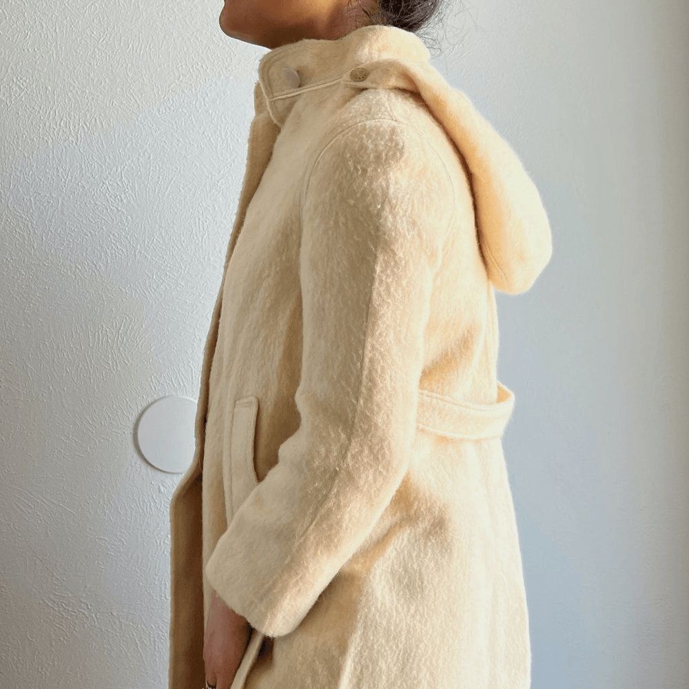 vtg 60s beige wool coat XXS girls 14/16 swing car coat hood made in Italy belted - Picture 9 of 12